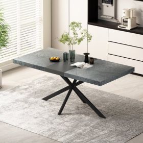 Retro Rectangular Stretch Dining Table,Dark Grey Stone Top And Black Relief Plate, Black Fine Sand Cross Iron Foot Base Dining Table, With Storag