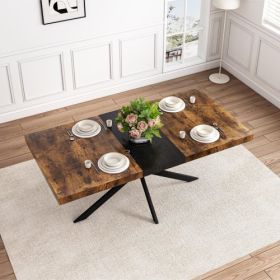 Retro Rectangular Stretch Dining Table, Antique Wood Top And Black Relief Plate, Black Fine Sand Cross Iron Foot Base Dining Table, With Storage