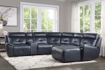 6-Piece Modular Reclining Sectional with Right Chaise Navy Blue Premium Faux Leather Tufted Details Solid Wood Modern Living Room Furniture Plush Pill