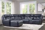 6-Piece Modular Reclining Sectional with Left Chaise Navy Blue Premium Faux Leather Tufted Details Solid Wood Modern Living Room Furniture Plush Pillo