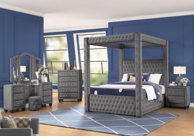 Monica luxurious Four-Poster King 5 Pc Vanity Bedroom Set Made with Wood in Gray