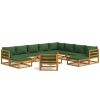 12 Piece Patio Lounge Set with Green Cushions Solid Wood