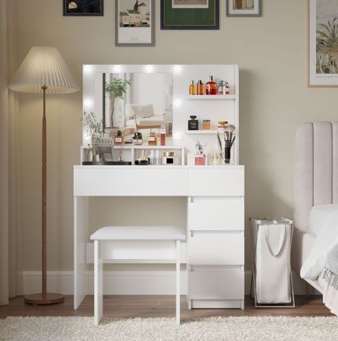 Vanity, Makeup Vanity Desk Set With Mirror  Light, Dressing Table Storage Lots With Power Strip, 3 Lighting Modes With Adjustable Brightness, 37