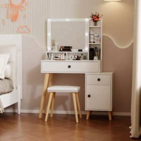 Dressing Table With Hollywood LED Mirror, Light Adjustable Brightness, Dressing Table, Padded Stool Set, White, Wooden Cosmetic Table With Drawer (Color: White)