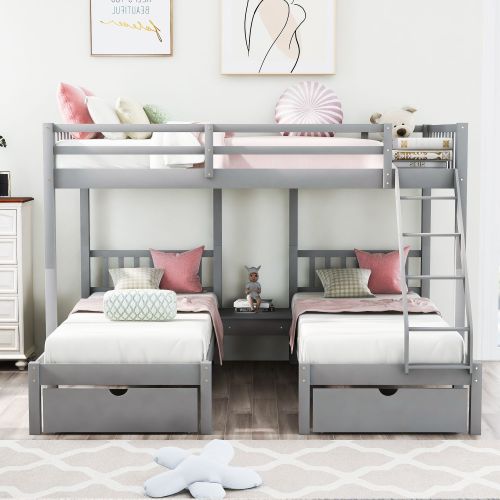 Full Over Twin & Twin Bunk Bed, Wood Triple Bunk Bed with Drawers and Guardrails Full Over Twin & Twin Bunk Bed, Wood Triple Bunk Bed with Drawers and Guardrails