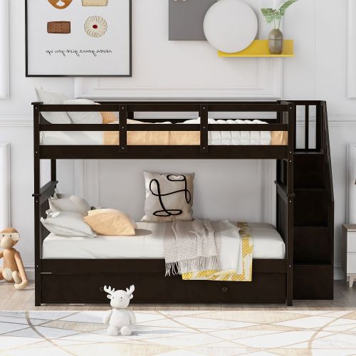 Stairway Full-Over-Full Bunk Bed with Twin size Trundle; Storage and Guard Rail for Bedroom; Dorm Stairway Full-Over-Full Bunk Bed with Twin size Trundle; Storage and Guard Rail for Bedroom; Dorm