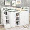 Functional Loft Bed with 3 Shelves;  2 Wardrobes and 2 Drawers;  Ladder with Storage;  No Box Spring Needed