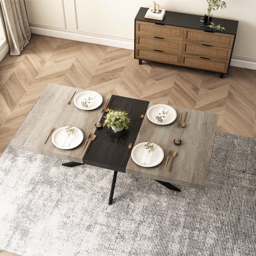 Retro Rectangular Stretch Dining Table, Grey Carole Top With Black Embossed Center Plate, Black Fine Sand Cross Iron Foot Base Dining Table, With