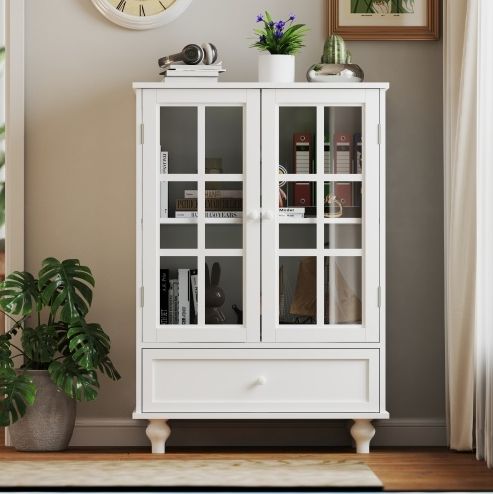 Minimalist White Buffet Cabinet With Double Glass Doors And Drawer, Modern Wooden Storage Sideboard Cupboard For Living Room, Dining Room Hallway